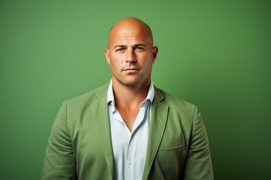 Portrait of a bald man in a green jacket on a green background