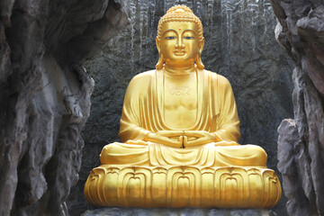Close up image of the big golden Buddha statue with waterfall and stone wall in background at Wat Lak Si Rat Samoson, Samut Sakhon, Thailand.