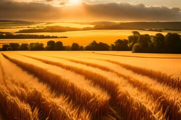 Scenic country landscape with wheat field at sunset.