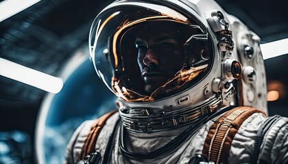 spaceship and astronaut, astronaut in action, daring astronaut, space suit and helmet, standing in front of futuristic spaceship