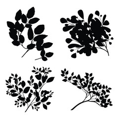 Leaves and branches silhouette, Imitation of watercolor, isolated on white. Sketched wreath, floral and herbs garland. Handdrawn Vector style, nature illustration