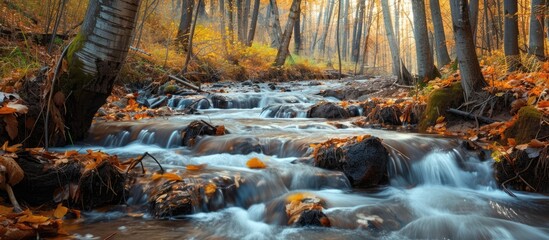 Flowing brook in the autumn forest.