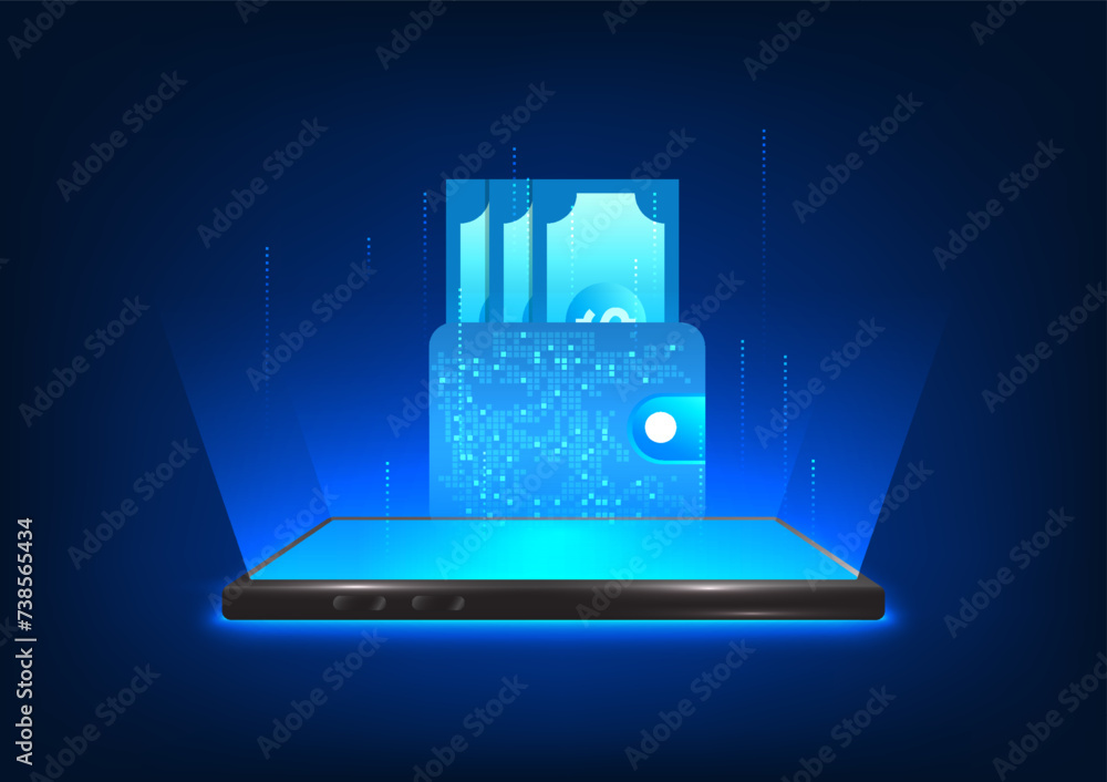 Poster smartphone technology that projects a hologram image of your wallet concept of using wallet in e-wal