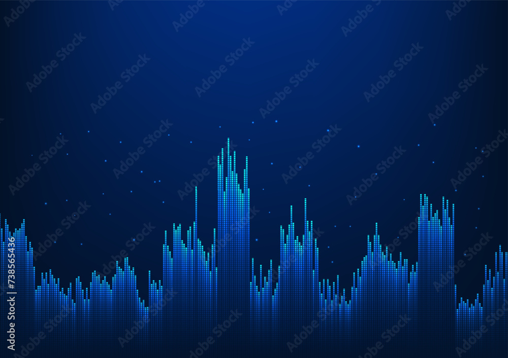 Poster abstract technology background a small square geometric shape of pixels arranged in a wavy gradient.