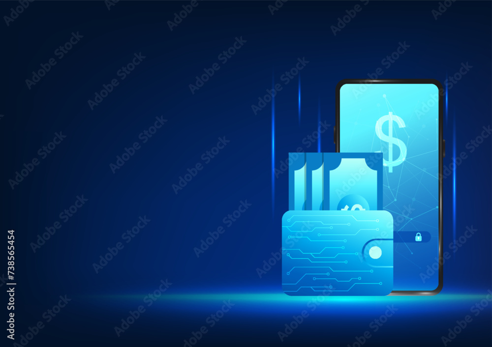 Poster smartphone technology who use a wallet in the form of an e-wallet using a phone to scan and pay for 