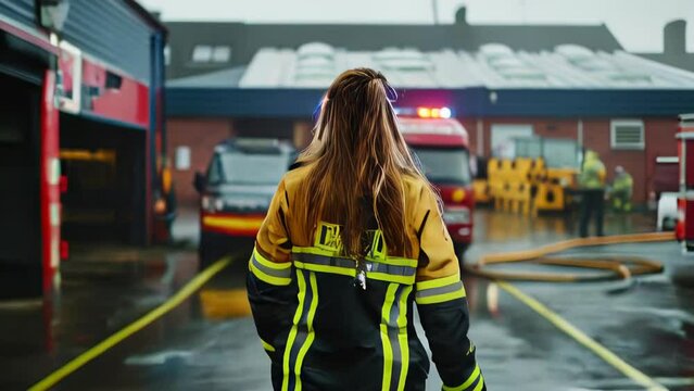 Portrait of a female firefighter standing in front of a fire station
