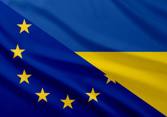 Flags of Ukraine and European Union. International diplomatic relationships