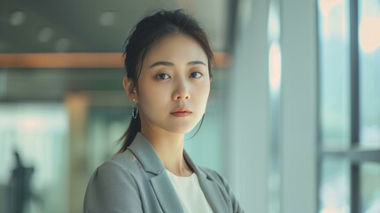 Naklejka premium young Asian business woman wearing casual clothes, modern office in the background