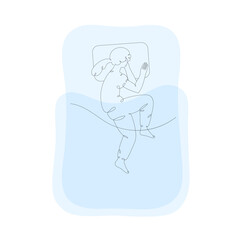 Girl sleeping in bed, top view, isolated line art illustration - 738566864