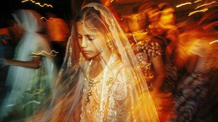 Veiled Agony: A young girl, lost in a blur of festivity, carries the weight of her wedding attire. 
