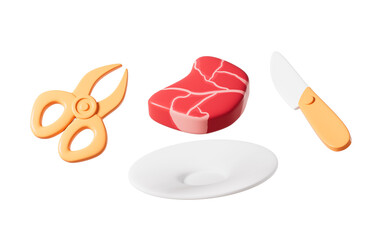 Cartoon meat and scissor, 3d rendering.