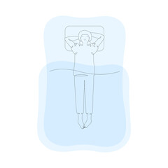 Girl sleeping in bed, top view, isolated line art illustration
