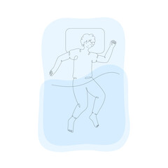 Boy sleeping in bed, top view, isolated line art illustration