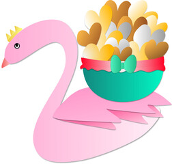 A pink swan with a basket full of hearts on its back