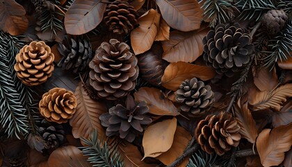 fall leaves pine twigs pine cones brown seasonal background  - obrazy, fototapety, plakaty