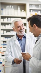 Happy male colleagues, pharmacists, wearing a white lab coat, chatting, laughing at the pharmacy. Healthcare, Medical care, Health products concepts.