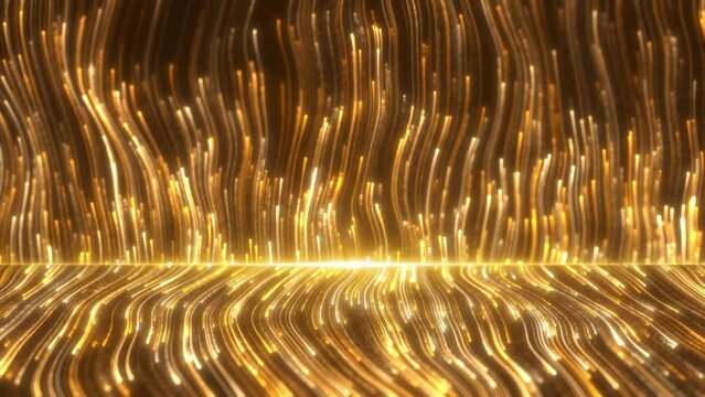 Luxury golden light stripes flow, golden particle light flow, elegant wave lines rise. For your visual performance, concerts, dance parties, music clips, nightclubs, corporate events, fashion show.