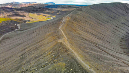Myvatn, Iceland. Aerial view of large Hverfjall volcano crater, Tephra cone or Tuff ring volcano on overcast day