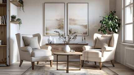 Fototapeta na wymiar Cozy living room interior armchairs and coffee table