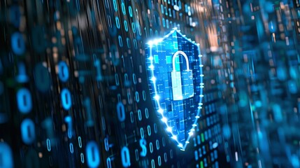 Digital security concept with a glowing blue padlock over binary code, suitable for cybersecurity and technology themes.