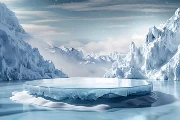 Foto op Canvas Ice background podium cold winter product platform floor frozen mountain iceberg. Podium glacier cool ice background stage landscape display icy stand 3d water nature pedestal arctic concept cave © Arexcrions