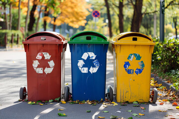 Three color-coded recycling bins for waste separation stand on an urban sidewalk, promoting environmental responsibility.