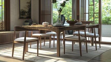 Fototapeta na wymiar Contemporary dining room with natural wood furniture and serene decor, ideal for articles on modern home design and living.