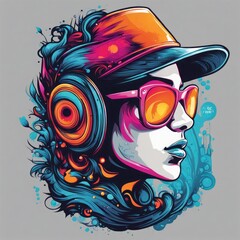 colorful poster with headphones colorful poster with headphones colorful vector hand drawn illustration with a girl on a black background.