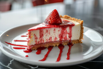 A slice of creamy strawberry cheesecake with a vibrant red sauce drizzle, garnished with a fresh strawberry on a white plate.