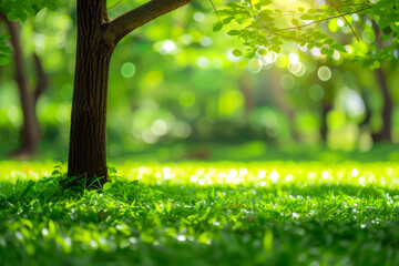 Morning light streams through vibrant green leaves in a serene park, creating a peaceful and refreshing natural environment.