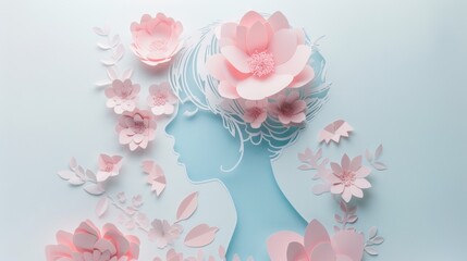 Paper art profile of a woman with floral decorations, ideal for beauty and craft-related editorial...