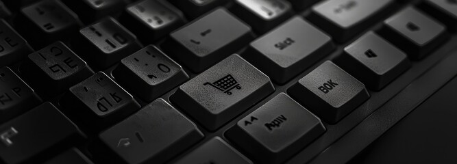 Shopping cart symbol on a black keyboard - obrazy, fototapety, plakaty