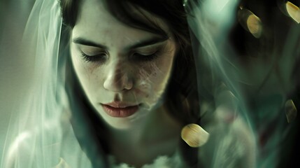 Tears in Tulle: The blur of movement around her contrasts sharply with the stillness of her sorrowful gaze, hidden from the bustling crowd.