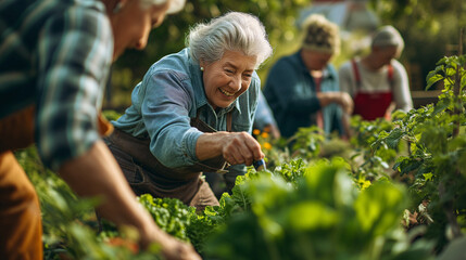group of senior citizens gathered in a community garden surrounded by vibrant greenery under the sun, tending to the crops and enjoying the fresh air - obrazy, fototapety, plakaty