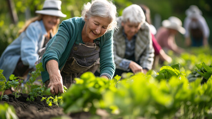 Fototapeta premium gathering of seniors tends to lush crops in a sun-drenched community garden, enveloped by vibrant greenery, relishing the fresh air and camaraderie