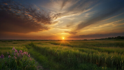 Beautiful Sunset Over Prairie Landscape, Earth Day Message Space Included
