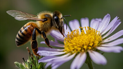 Close-up of Bee Pollinating Flower, Copy Space for Protecting Pollinators Campaign
