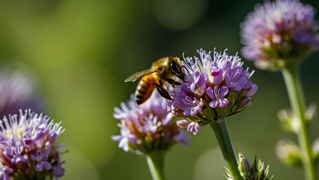 Close-up of Bee Pollinating Flower, Copy Space for Protecting Pollinators Campaign
