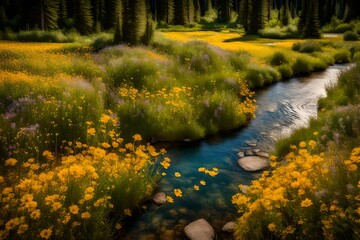 Winding course of the Buffalo Fork River near Moran, in northern Jackson Hole, Wyoming, with summer wildflowers along the riverbank.