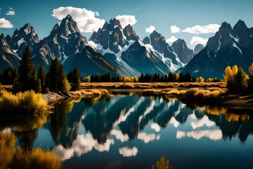 Landscape view of Grand Teton mountains with water reflection