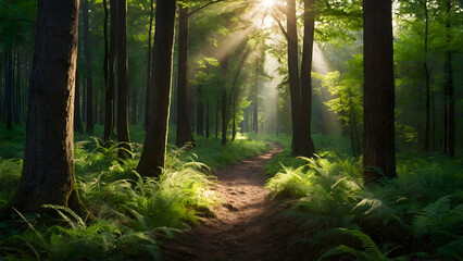 Forest Trail with Sunlight Filtering Through Trees, Earth Day Message Space Included

