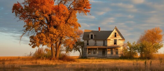 Fall colors adorn the neglected prairie farmhouse.
