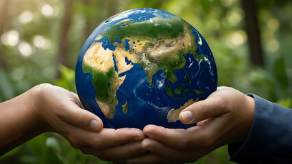 Hands Holding Globe with Trees, Environmental Protection Campaign Space Included
