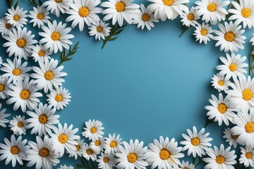 Flower frame made of daisies on a blue background.