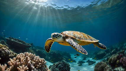 Ocean Conservation Concept, Sea Turtle Swimming Among Coral Reefs, Room for Marine Protection Message
