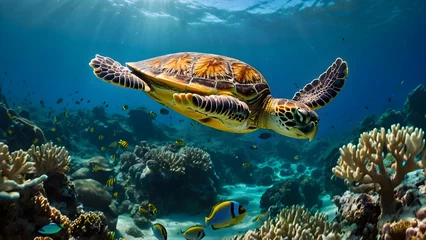  Ocean Conservation Concept, Sea Turtle Swimming Among Coral Reefs, Room for Marine Protection Message  © Gohgah