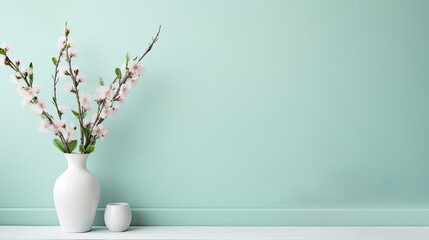 A white jug with blooming cherry branches against a blue wall. Spring sale.