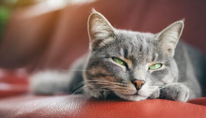 gray cat with green eyes sleeping on a leather sofa - 738571008