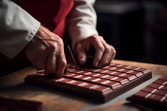 Close-up image of a man working on a chocolate bar.