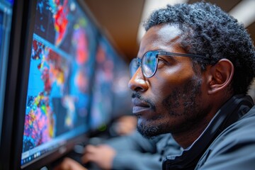 A focused African male meteorologist analyzes colorful weather patterns on multiple monitors, displaying a vibrant mix of blue and red hues. - obrazy, fototapety, plakaty